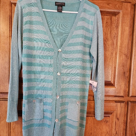 Adolfo Long Sleeve Mint Green/Silver Striped Cardigan Size S NWT - Picture 2 of 9